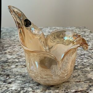 Authentic Murano White Cristal Art Glass Bowl Hand Blown in Italy Champagne Gold
